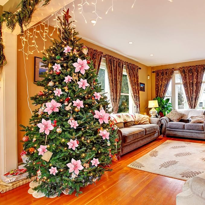 Bulk 36Pcs Christmas Poinsettia Christmas Tree Flowers Glitter Flowers Hanging Ornaments Wholesale