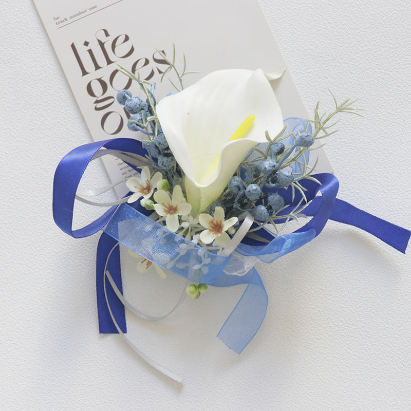 Bulk White and Blue Wrist Corsage Wristlet Band Bracelet and Men Boutonniere for Wedding Wholesale