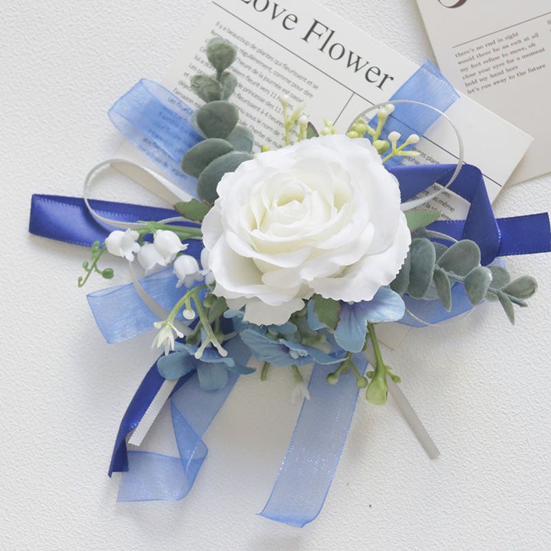 Bulk White and Blue Wrist Corsage Wristlet Band Bracelet and Men Boutonniere for Wedding Wholesale