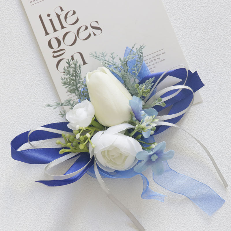 Bulk White and Blue Wrist Corsage Wristlet Band Bracelet and Men Boutonniere for Wedding Wholesale