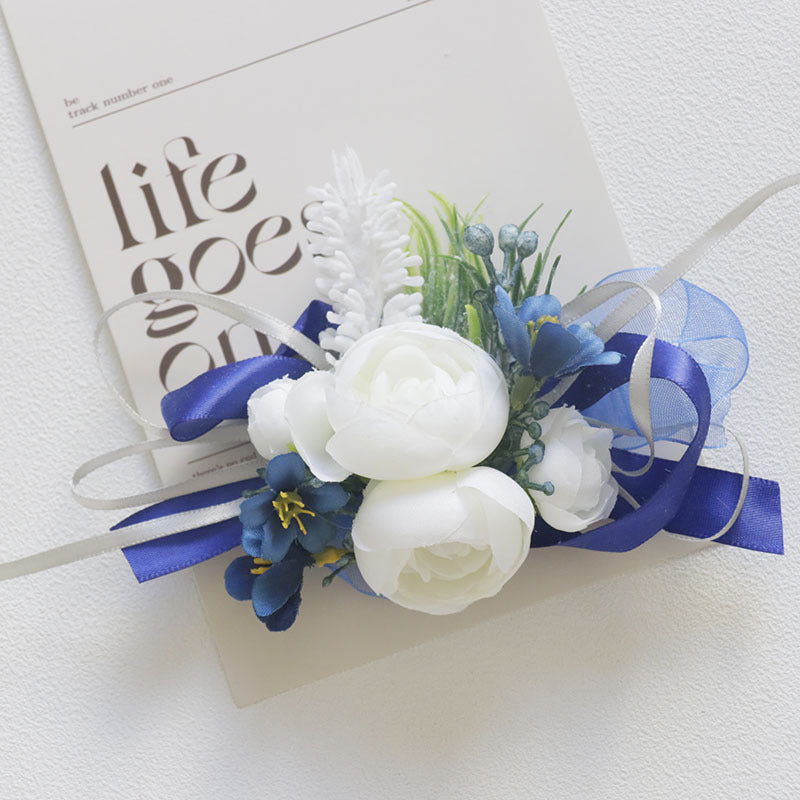 Bulk White and Blue Wrist Corsage Wristlet Band Bracelet and Men Boutonniere for Wedding Wholesale