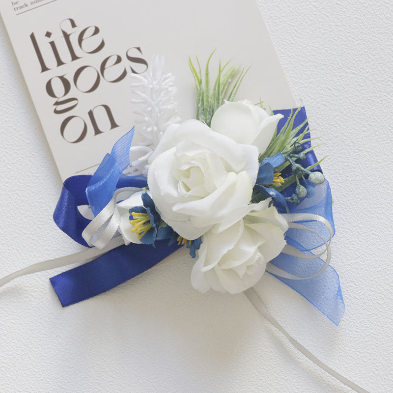 Bulk White and Blue Wrist Corsage Wristlet Band Bracelet and Men Boutonniere for Wedding Wholesale