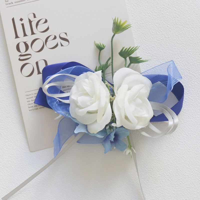 Bulk White and Blue Wrist Corsage Wristlet Band Bracelet and Men Boutonniere for Wedding Wholesale