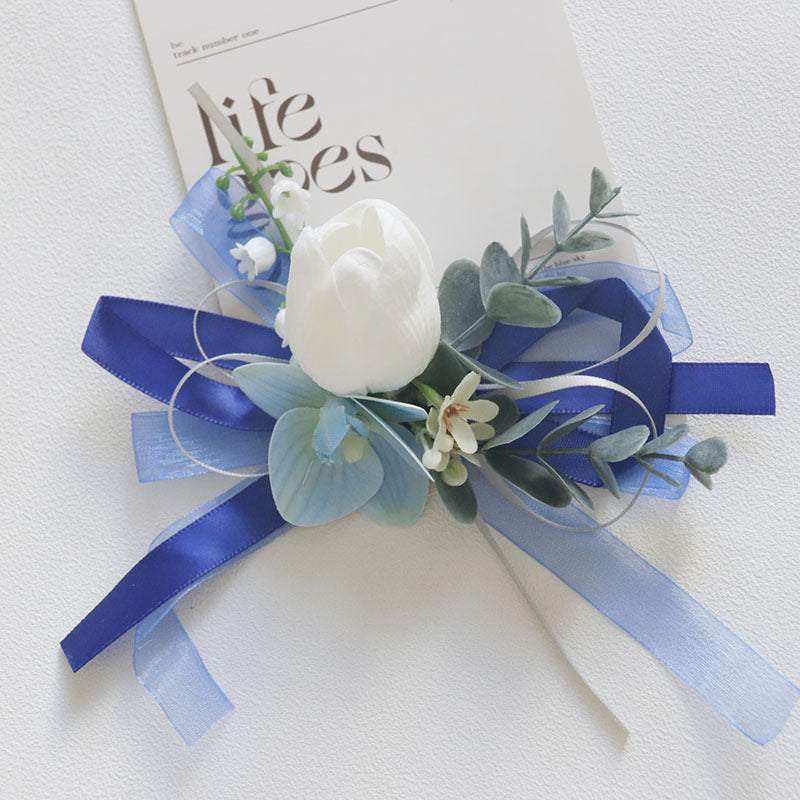 Bulk White and Blue Wrist Corsage Wristlet Band Bracelet and Men Boutonniere for Wedding Wholesale