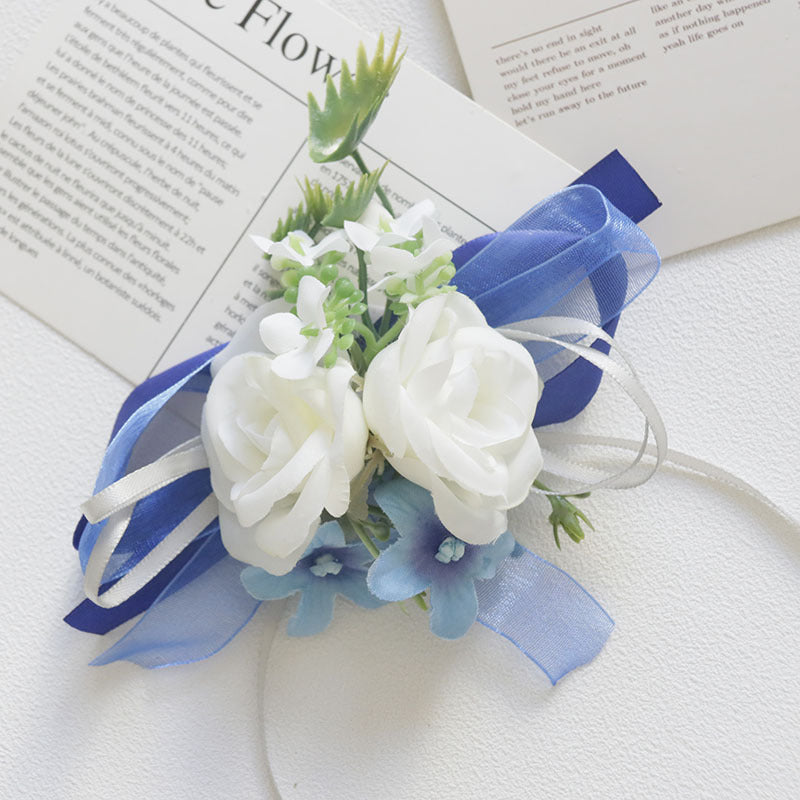 Bulk White and Blue Wrist Corsage Wristlet Band Bracelet and Men Boutonniere for Wedding Wholesale