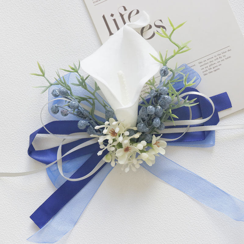 Bulk White and Blue Wrist Corsage Wristlet Band Bracelet and Men Boutonniere for Wedding Wholesale