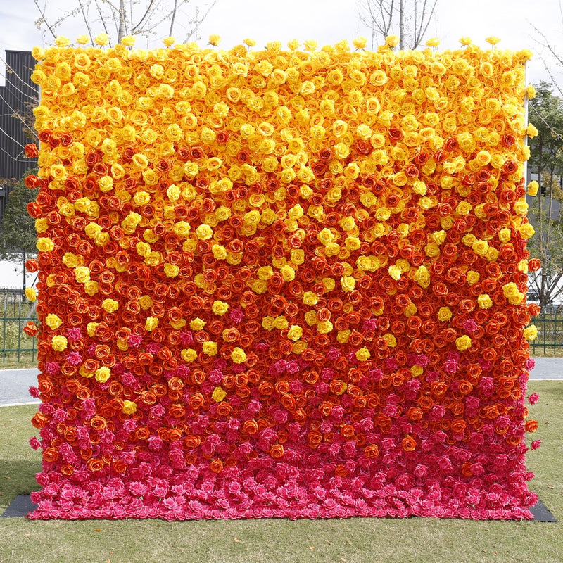 Bulk 5D Orange Yellow Fuchsia Rose Flower Wall Arrangement for Event Flower Wall Panels Wholesale