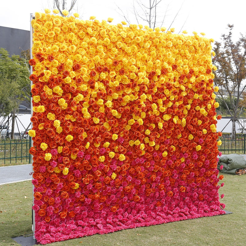 Bulk 5D Orange Yellow Fuchsia Rose Flower Wall Arrangement for Event Flower Wall Panels Wholesale