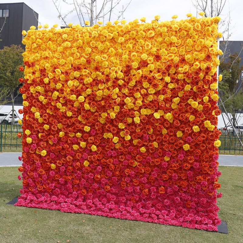 Bulk 5D Orange Yellow Fuchsia Rose Flower Wall Arrangement for Event Flower Wall Panels Wholesale