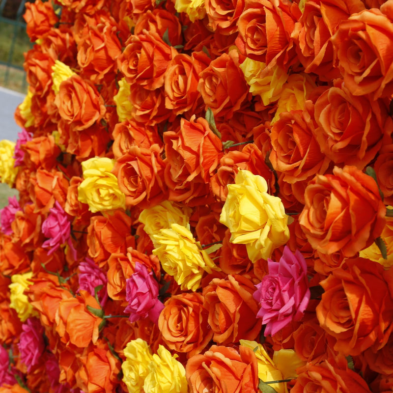 Bulk 5D Orange Yellow Fuchsia Rose Flower Wall Arrangement for Event Flower Wall Panels Wholesale