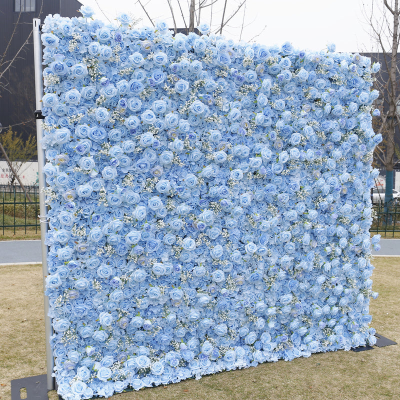 Mur de fleurs 3D en vrac Rose bleue avec tapis mural de fleurs artificielles Babys Breath Toile de fond attachée au tissu en gros