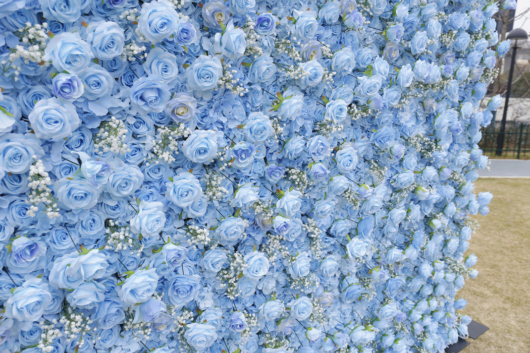 Bulk 3D Flower Wall Blue Rose with Babys Breath Artificial Flower Wall Mat Backdrop Attached to Fabric Wholesale