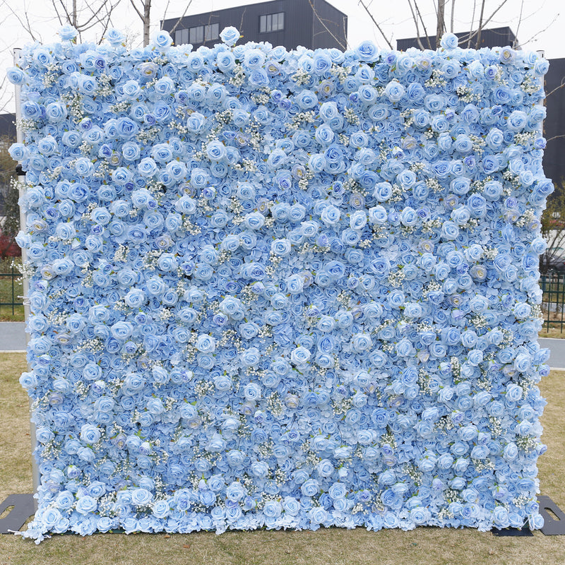 Mur de fleurs 3D en vrac Rose bleue avec tapis mural de fleurs artificielles Babys Breath Toile de fond attachée au tissu en gros