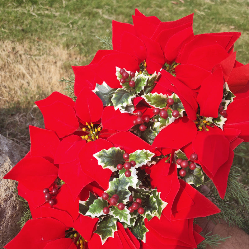 Bulk Exclusive Artificial Christmas Cemetery Saddles Red Poinsettia Outdoor Memorial Headstone Flower Realistic Bouquet Arrangement Wholesale