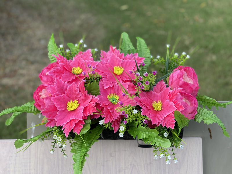 Fleur de cimetière exclusive en feuilles d'érable et pivoine fuchsia pour pierre tombale, vente en gros