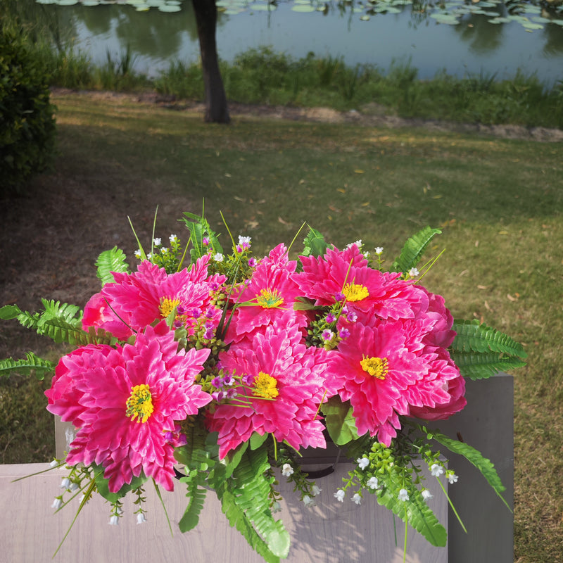 Fleur de cimetière exclusive en feuilles d'érable et pivoine fuchsia pour pierre tombale, vente en gros