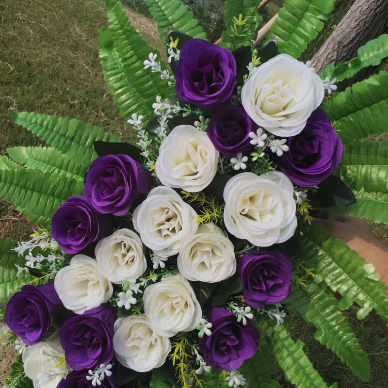 Bulk Exclusive White and Purple Rose Cemetery Flower Headstone Flower Saddle Wholesale