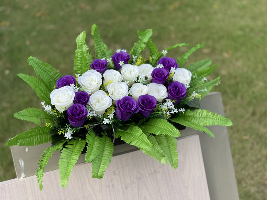 Bulk Exclusive White and Purple Rose Cemetery Flower Headstone Flower Saddle Wholesale