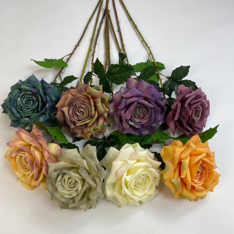 Bulk Exclusive 40Pcs Retro 1970s Theme Teal Tea Rose Long Stems Silk Flowers Artificial Wholesale