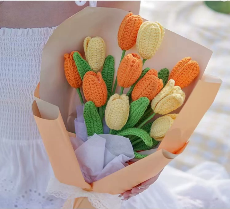 Bulk Handmade Artificial Knitted Tulips Crochet Wedding Bouquet Wholesale