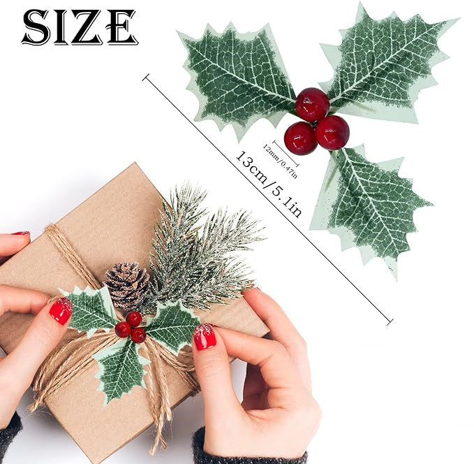 Bulk 50Pcs Fake Christmas Greenery Tree Leaves with Holly Berries for Xmas Tree Ornaments Wholesale
