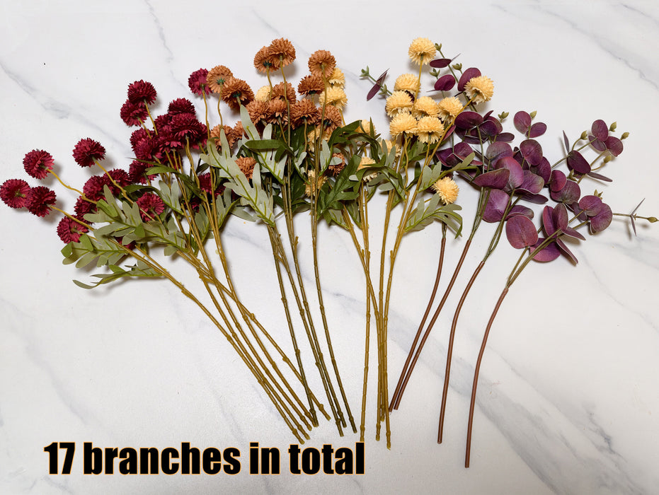Bulk 17 Branches Fall Artificial Silk Mums Centerpiece - Burnt Orange Deep Yellow & Deep Red Kiku Flowers with Plum Eucalyptus Wholesale
