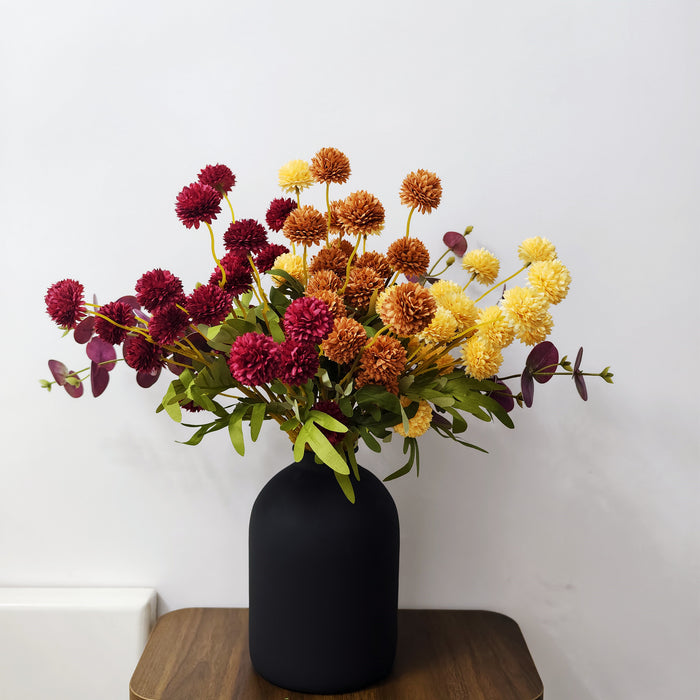 Bulk 17 Branches Fall Artificial Silk Mums Centerpiece - Burnt Orange Deep Yellow & Deep Red Kiku Flowers with Plum Eucalyptus Wholesale