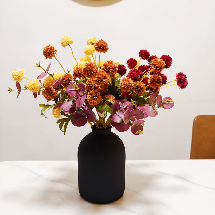 Bulk 17 Branches Fall Artificial Silk Mums Centerpiece - Burnt Orange Deep Yellow & Deep Red Kiku Flowers with Plum Eucalyptus Wholesale