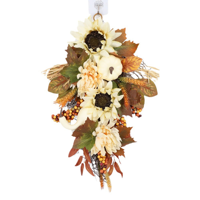 Bulk Fall Harvest Teardrop Swag Artificial Fall Swag Thanksgiving Day Teardrop Wreath Hanging Sunflower Berry Swag for Front Door Wall Autumn Outdoor Decor Wholesale