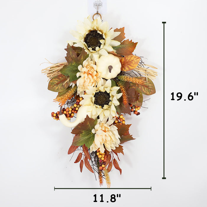 Bulk Fall Harvest Teardrop Swag Artificial Fall Swag Thanksgiving Day Teardrop Wreath Hanging Sunflower Berry Swag for Front Door Wall Autumn Outdoor Decor Wholesale
