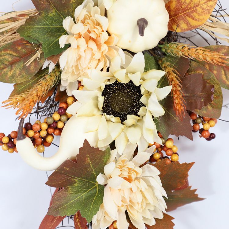 Bulk Fall Harvest Teardrop Swag Artificial Fall Swag Thanksgiving Day Teardrop Wreath Hanging Sunflower Berry Swag for Front Door Wall Autumn Outdoor Decor Wholesale