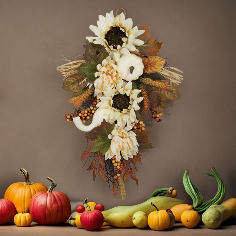 Bulk Fall Harvest Teardrop Swag Artificial Fall Swag Thanksgiving Day Teardrop Wreath Hanging Sunflower Berry Swag for Front Door Wall Autumn Outdoor Decor Wholesale