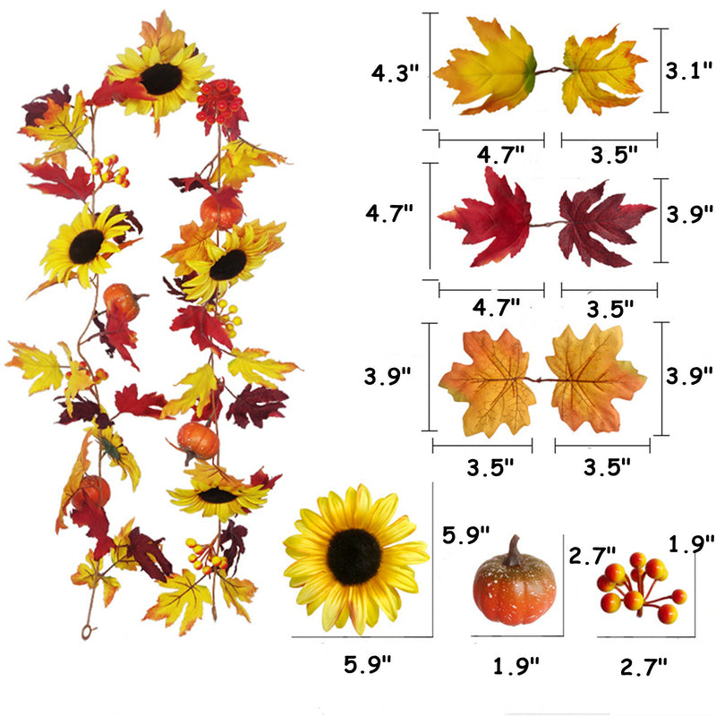 Bulk 68" Fall Maple Leaf Garland Hanging Vine with Sunflower Pumpkin Wholesale
