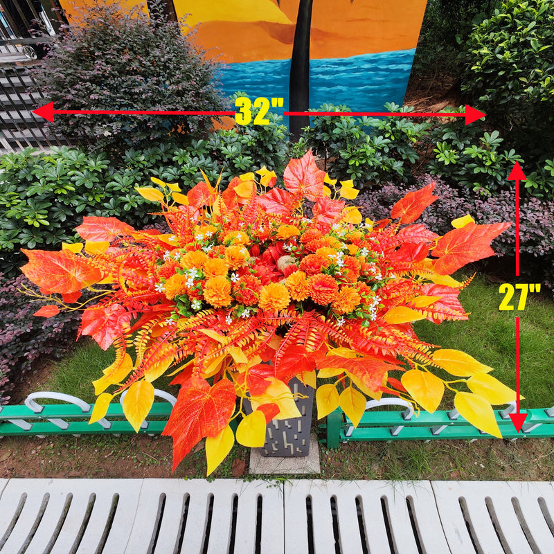 Bulk Exclusive 32 inches Sunset Orange Mums Saddle for Headstone Artificial Cemetery Flowers Saddle Wholesale