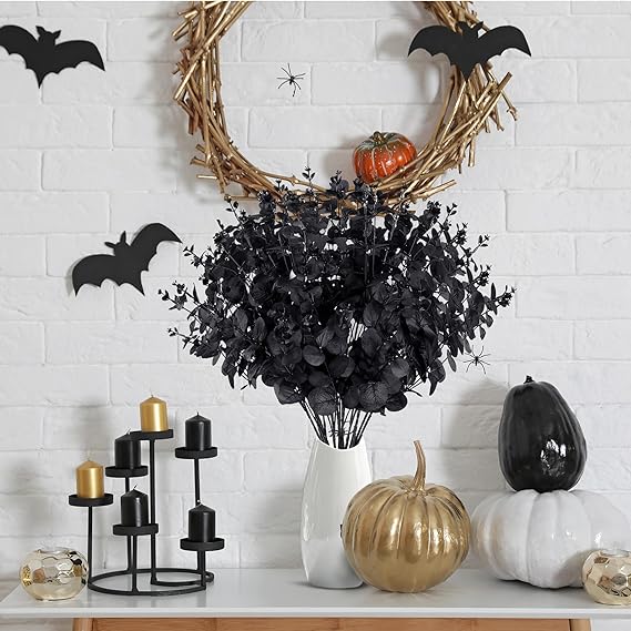 Buisson d'eucalyptus artificiel en vrac de 18 pouces, plantes noires, arrangements d'automne et d'hiver orange, vente en gros