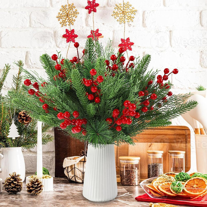 Bulk 60pcs Pine Greenery Branches Stems with Red Holly Berries Christmas Picks Wholesale