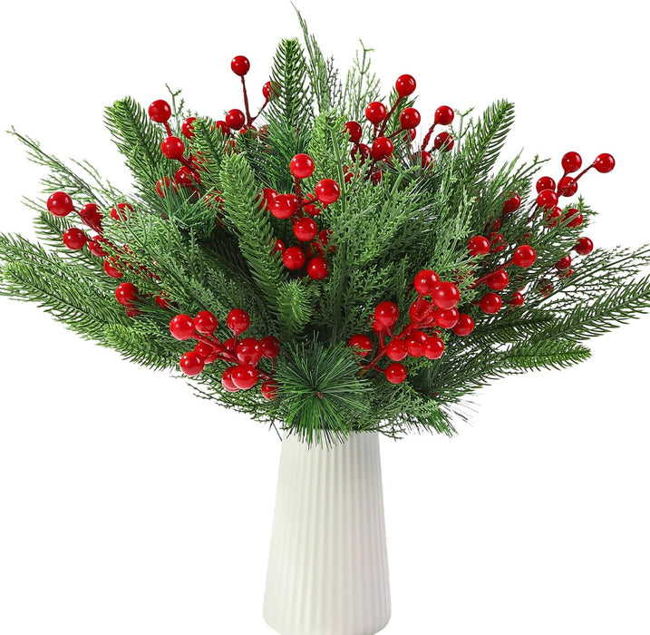 Bulk 60pcs Pine Greenery Branches Stems with Red Holly Berries Christmas Picks Wholesale