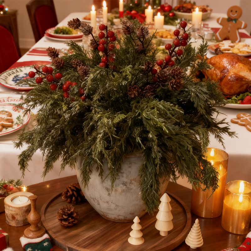 Bulk 18pcs Faux Pine Stems with Pinecones Red Berries Branches Realistic Faux Greenery for Vases DIY Wholesale