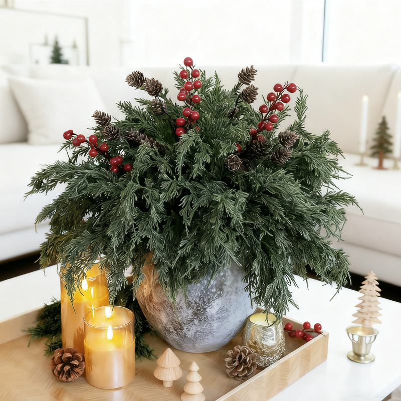 Bulk 18pcs Faux Pine Stems with Pinecones Red Berries Branches Realistic Faux Greenery for Vases DIY Wholesale