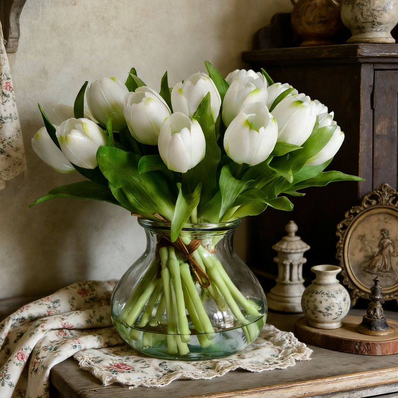 12" Faux Tulip Arrangement Artificial White Real Touch Tulips in Vase with Faux Water