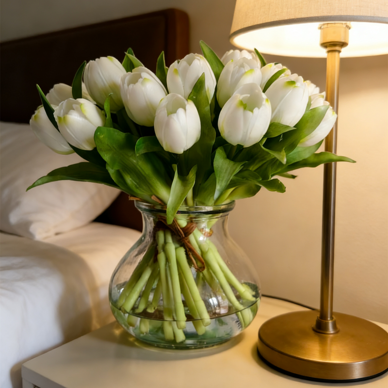 12" Faux Tulip Arrangement Artificial White Real Touch Tulips in Vase with Faux Water