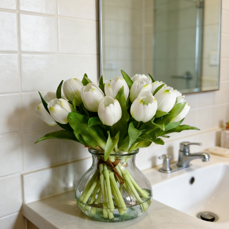 12" Faux Tulip Arrangement Artificial White Real Touch Tulips in Vase with Faux Water