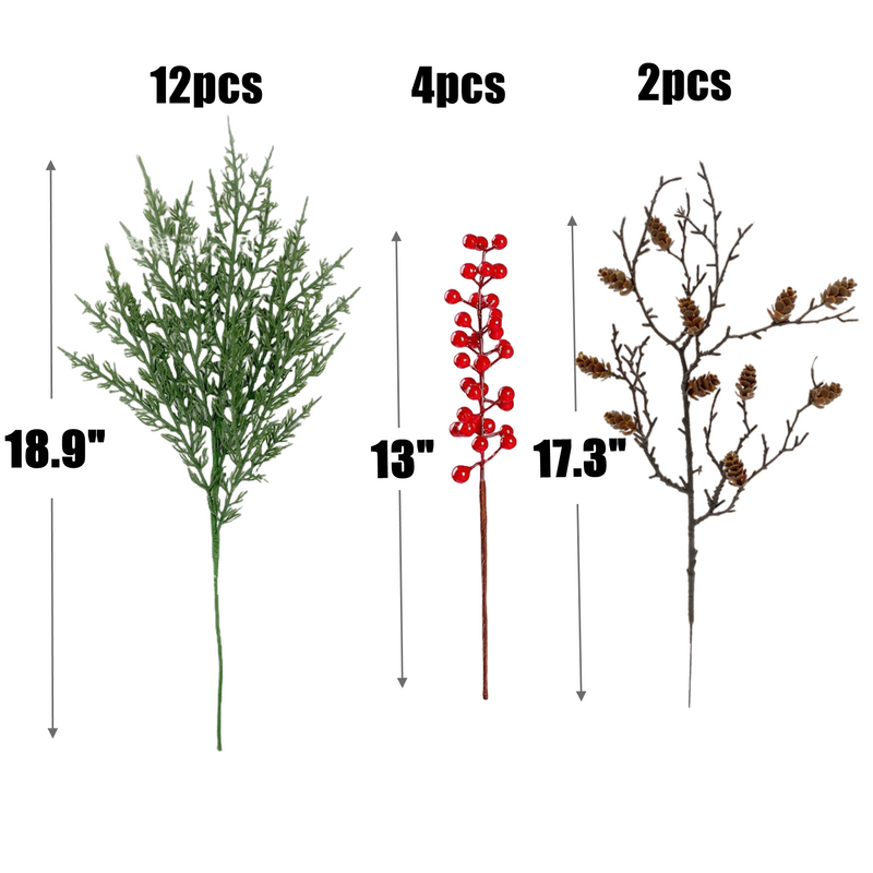 Bulk 18pcs Faux Pine Stems with Pinecones Red Berries Branches Realistic Faux Greenery for Vases DIY Wholesale