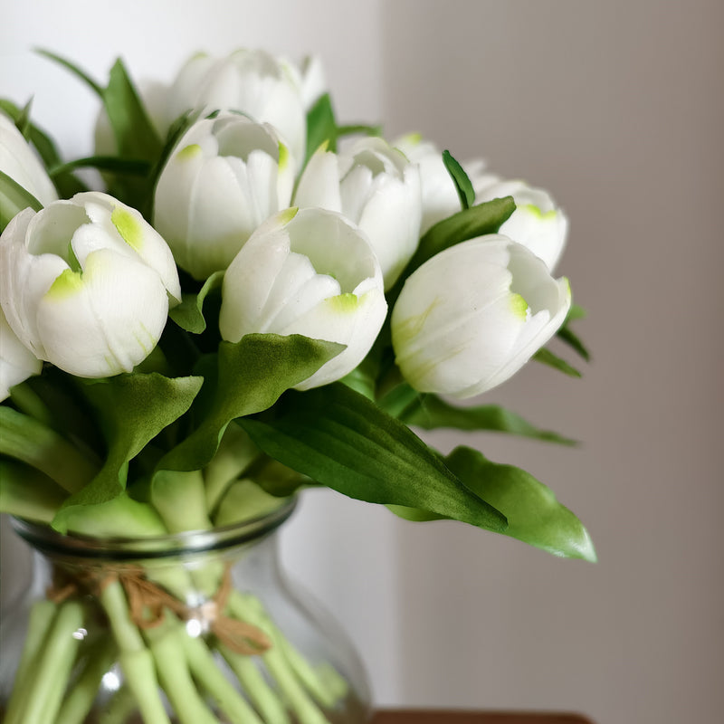 12" Faux Tulip Arrangement Artificial White Real Touch Tulips in Vase with Faux Water