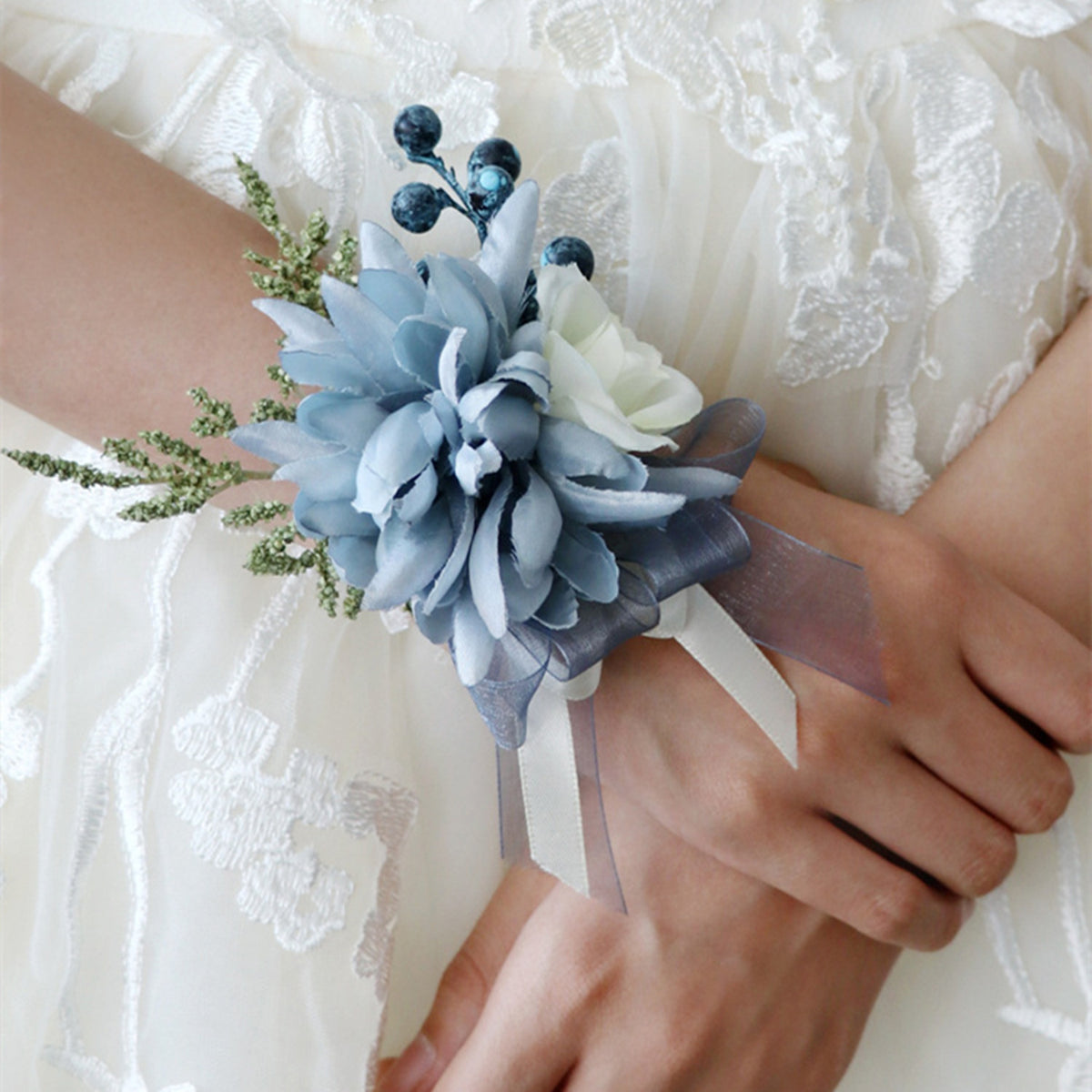 Bulk Navy Dahlia Wrist Corsage with Blue Berry Wholesale Bulk Navy Dahlia Wrist Corsage with Blue Berry Wholesale