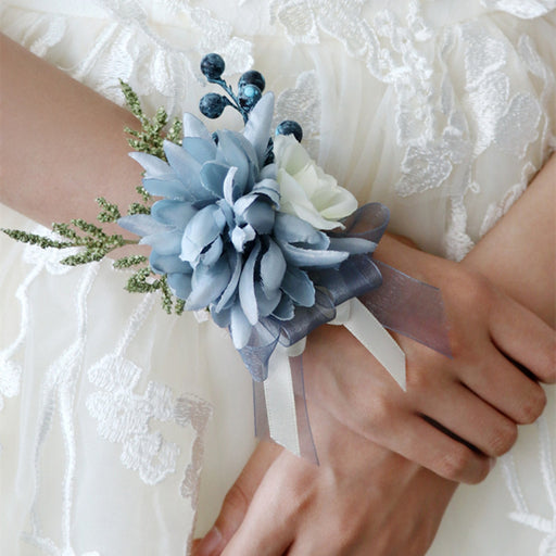 Bulk Navy Dahlia Wrist Corsage with Blue Berry Wholesale — Artificialmerch Bulk Navy Dahlia Wrist Corsage with Blue Berry Wholesale — Artificialmerch