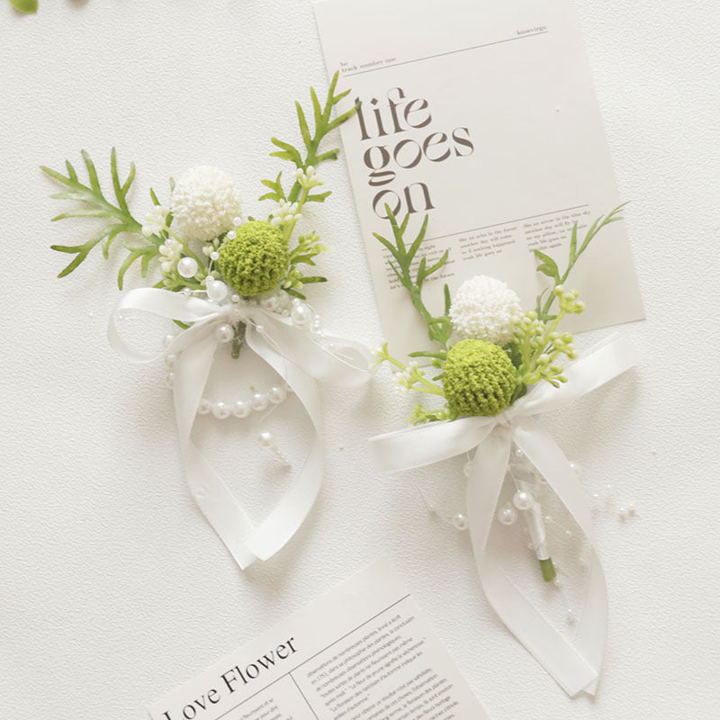Bulk Forest-style Boutonniere and Wrist Corsage Set for White Wedding Prom Suits Wholesale