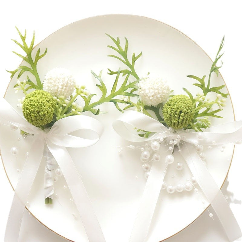 Bulk Forest-style Boutonniere and Wrist Corsage Set for White Wedding Prom Suits Wholesale
