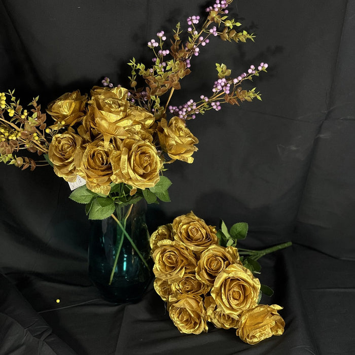 Venta al por mayor de flor de seda artificial de arbusto de rosa dorada de 17 "a granel