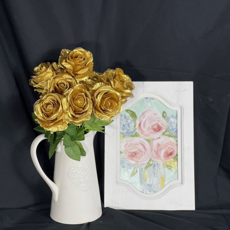 Venta al por mayor de flor de seda artificial de arbusto de rosa dorada de 17 "a granel